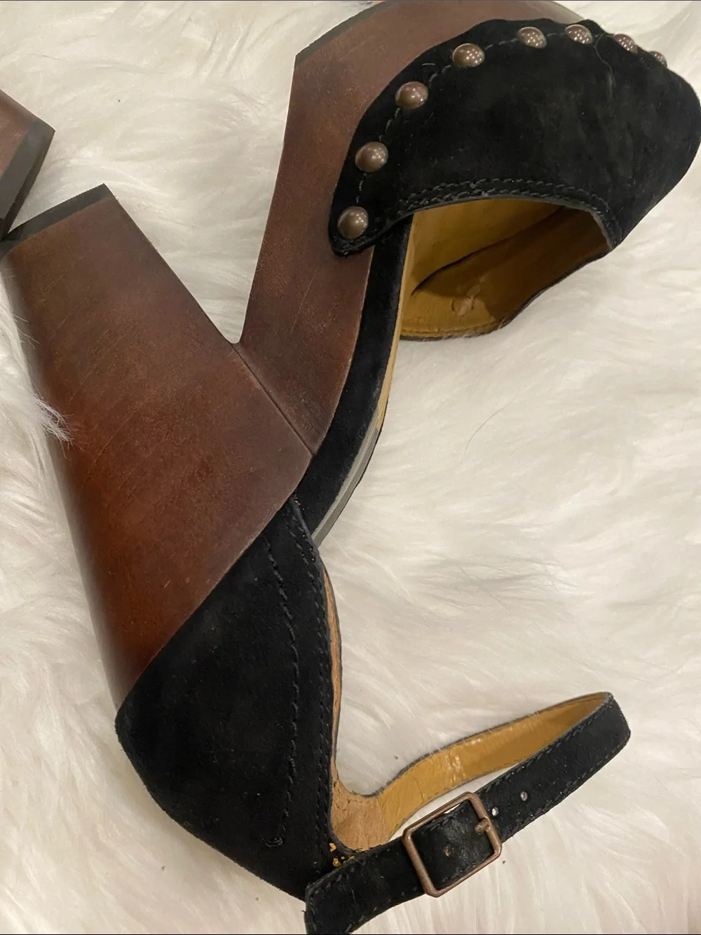 Black Suede Studded Platform Ankle-Strap Heels